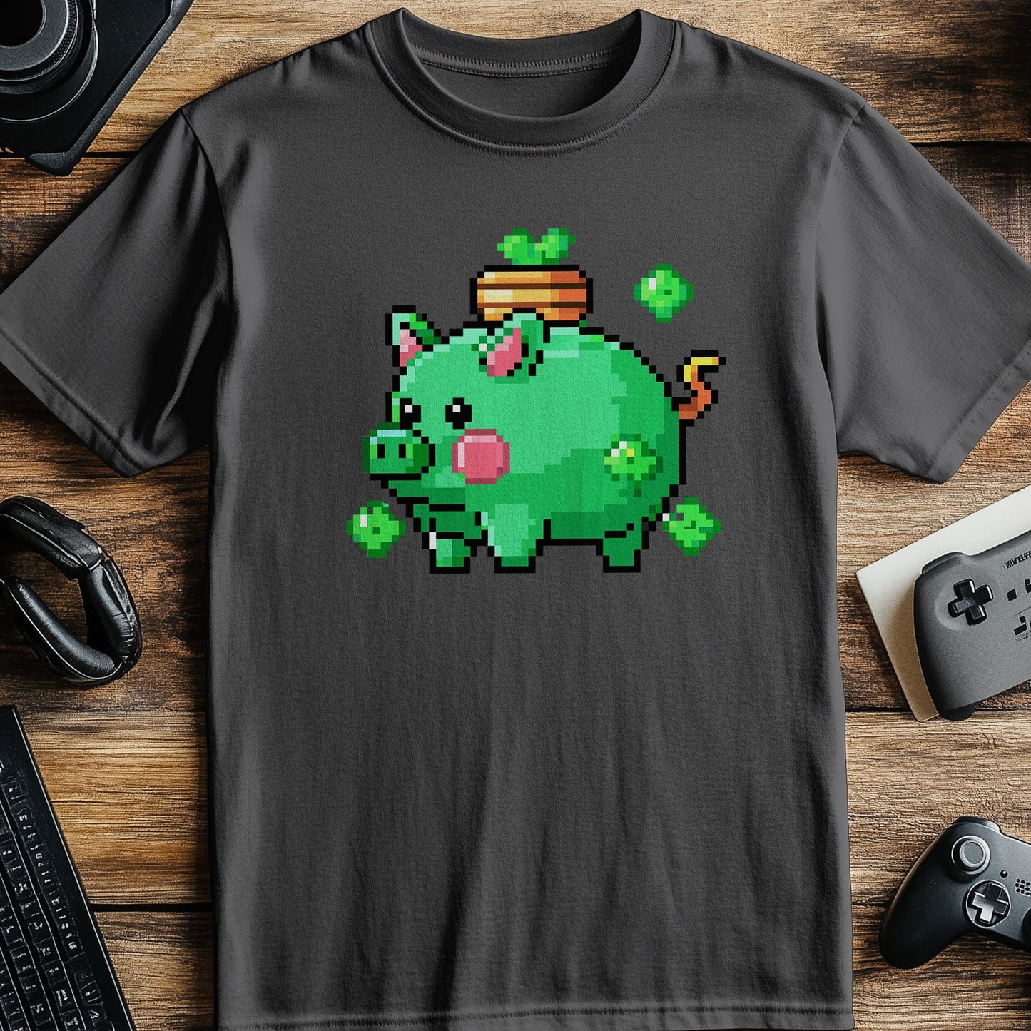 Pixel 52 T-shirt Funny Green Pig with Shamrocks