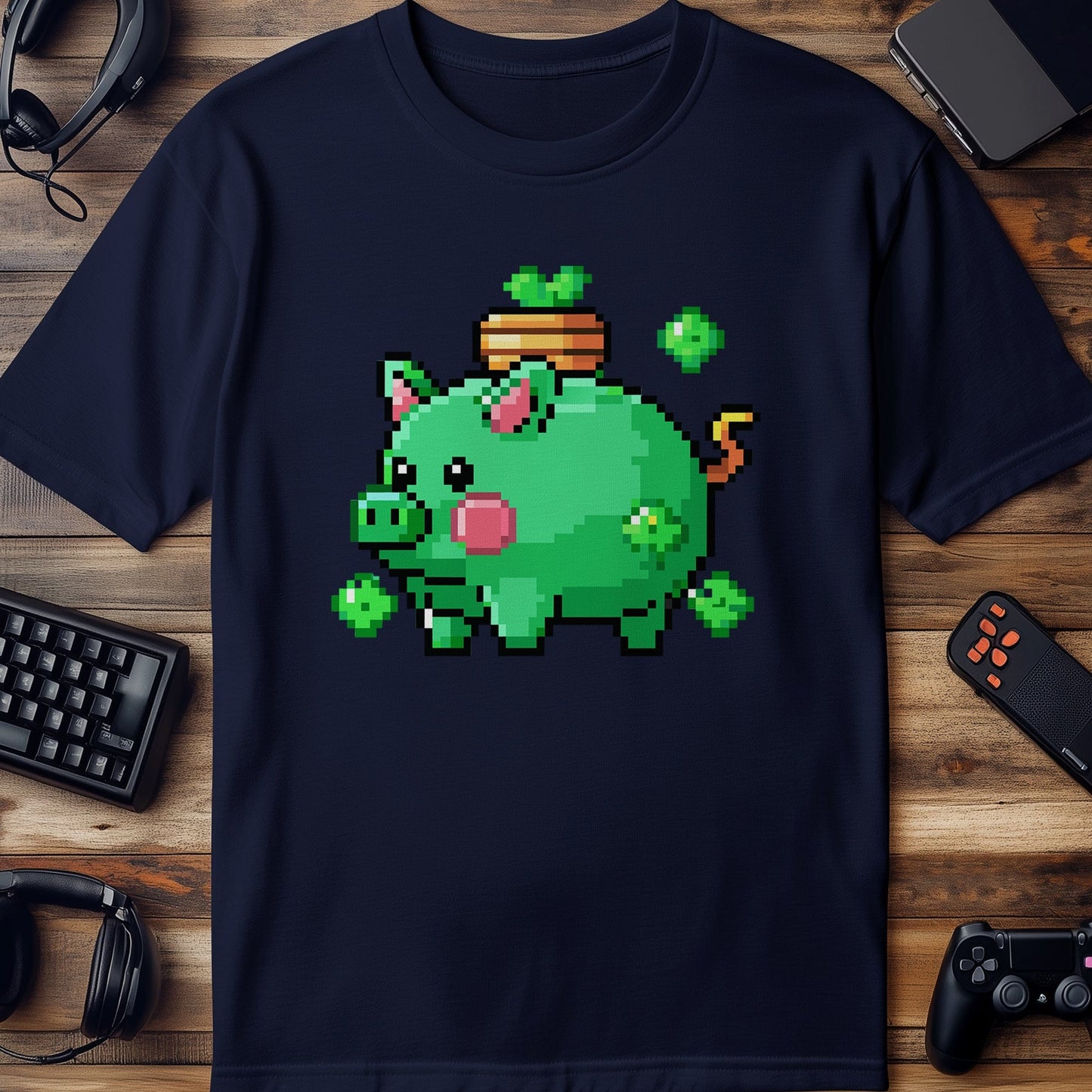 Pixel 52 T-shirt Funny Green Pig with Shamrocks