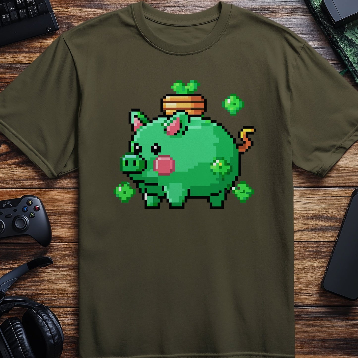 Pixel 52 T-shirt Funny Green Pig with Shamrocks