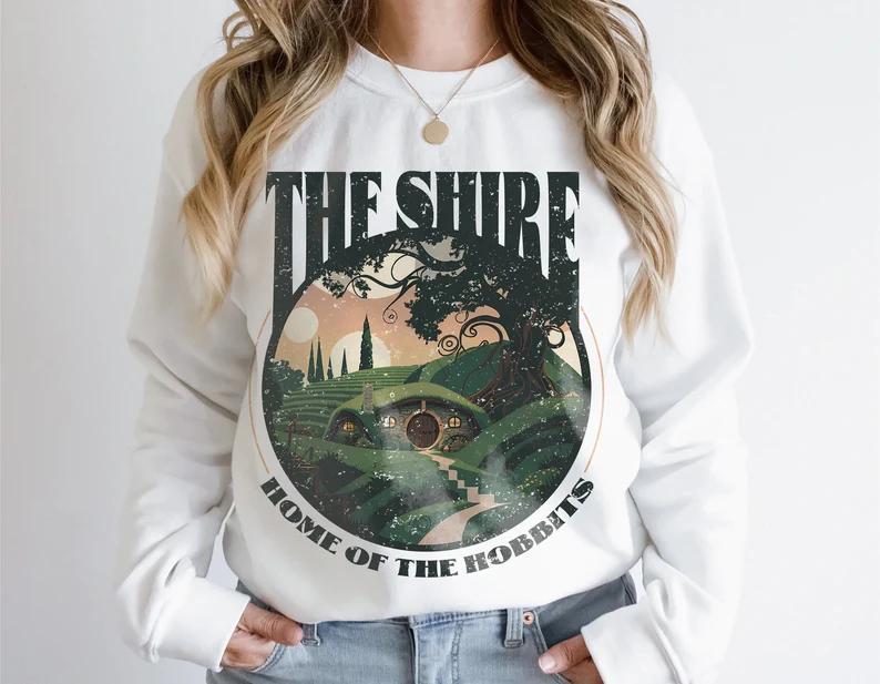 The Shire LOTR Sweatshirt, Distressed Fantasy Merch Tolkien Aragorn Frodo Baggins Elven Elrond the Fellowship Bookish Hoodie Shirt
