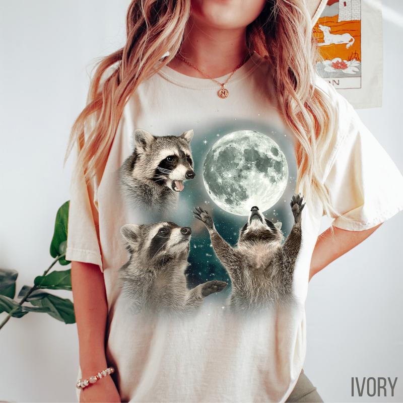 Three Raccoons Vintage Shirt - Retro Moon Design, Raccoon Funny Shirt, Gift Lover Raccoon, Gift for Friends, Crew Neck, Trendy Top