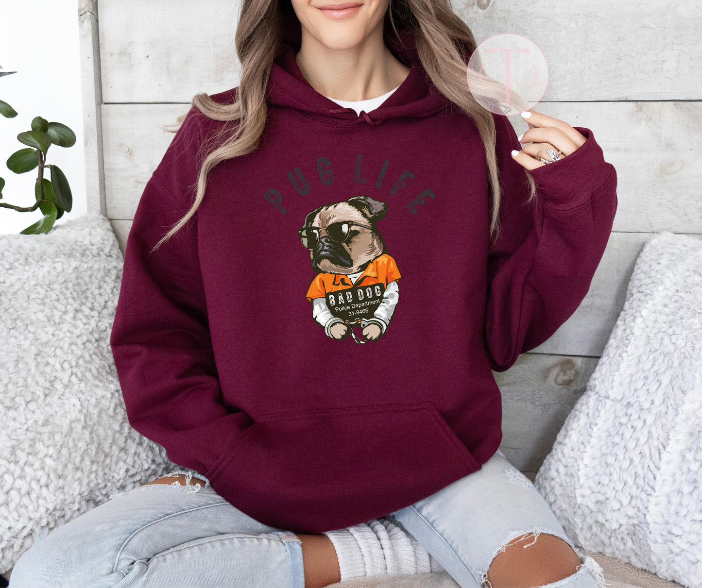 Pug Life Hoodie, Thug Life Oversize Sweatshirt, Unisex Pullover Dog Lover Gift, Pug Dog Mom & Dad Apparel, Funny Dog Oversized Sweat Shirt