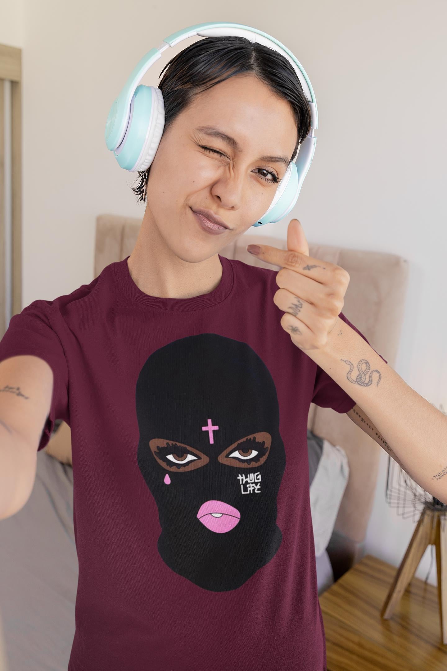 Ski mask, Thug Life, Pink Lips, Sexy Girl, Fantasy Art, Black Mask, Fashion Accessory, Heavyweight Unisex Crewneck T-shirt