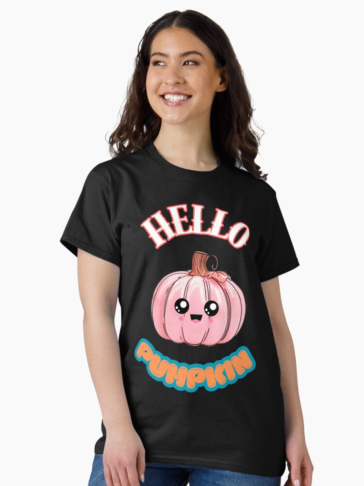 hello cute kawaii pink pumpkin whimsical fall halloween funny design for autumn lovers Classic T-Shirt