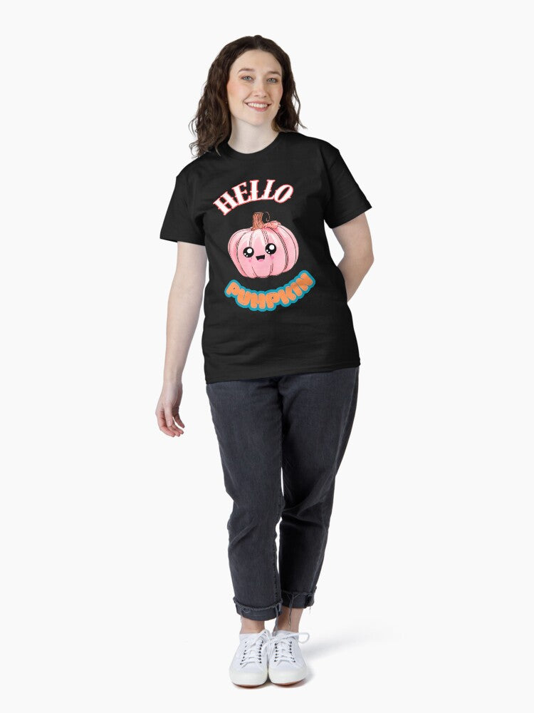hello cute kawaii pink pumpkin whimsical fall halloween funny design for autumn lovers Classic T-Shirt
