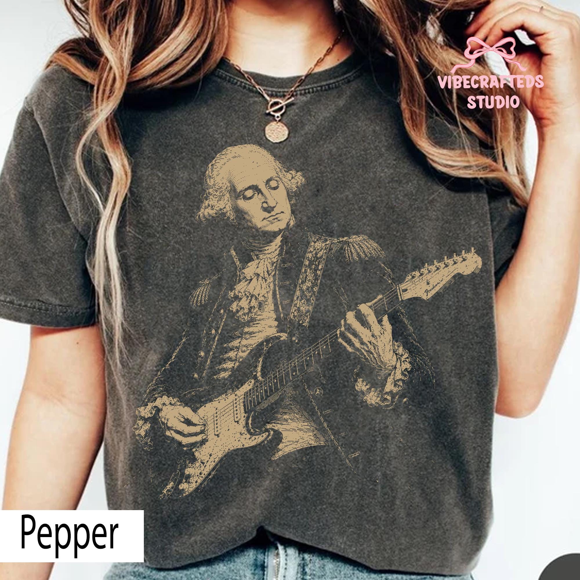 Distressed George Washington Playing Guitar Comfort Colors Vintage Patriotic Rocker Tee America Guitar 4th July Concert Tee (1)