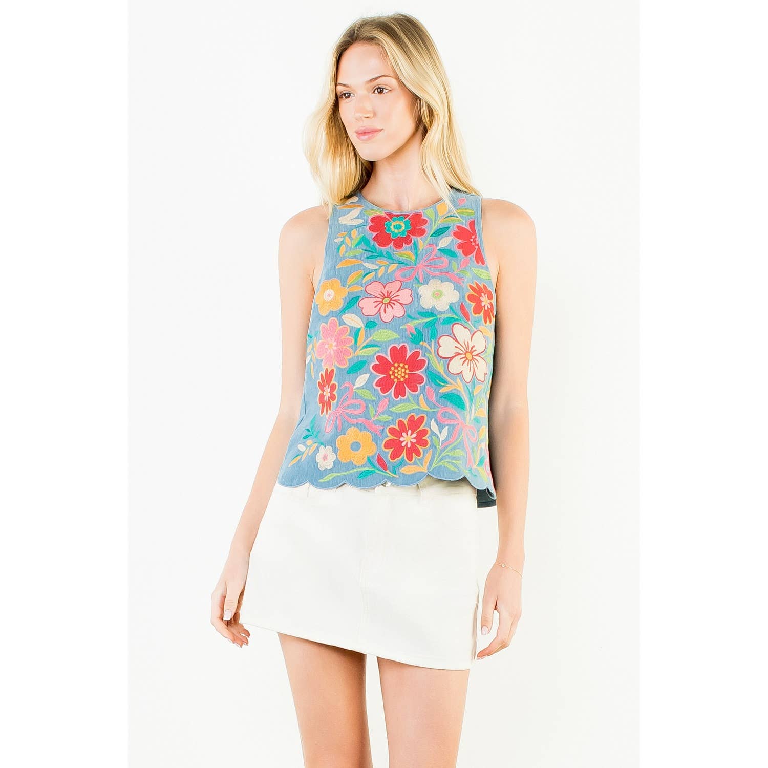 Sleeveless Denim Emb Top
