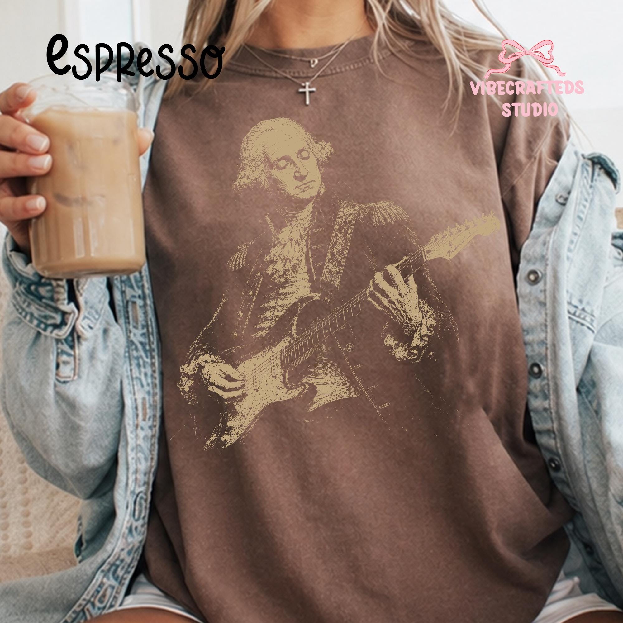 Distressed George Washington Playing Guitar Comfort Colors Vintage Patriotic Rocker Tee America Guitar 4th July Concert Tee (2)