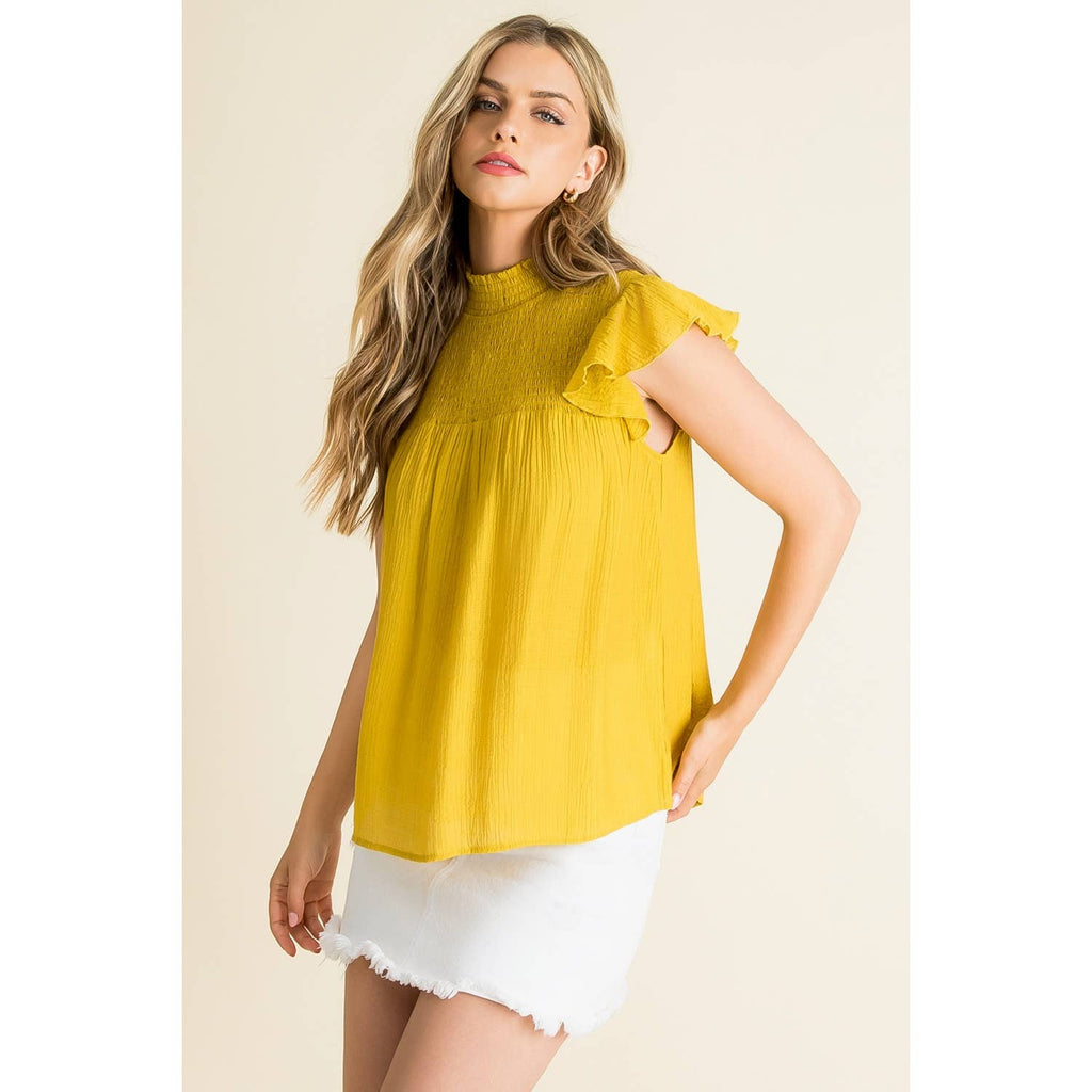 Smocked Mock Neck Flutter Sleeve Fashion Top