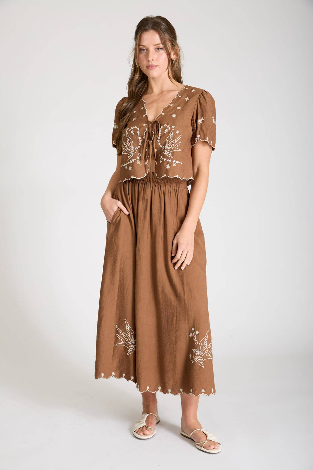Bird Embroidery Detail Midi Skirt