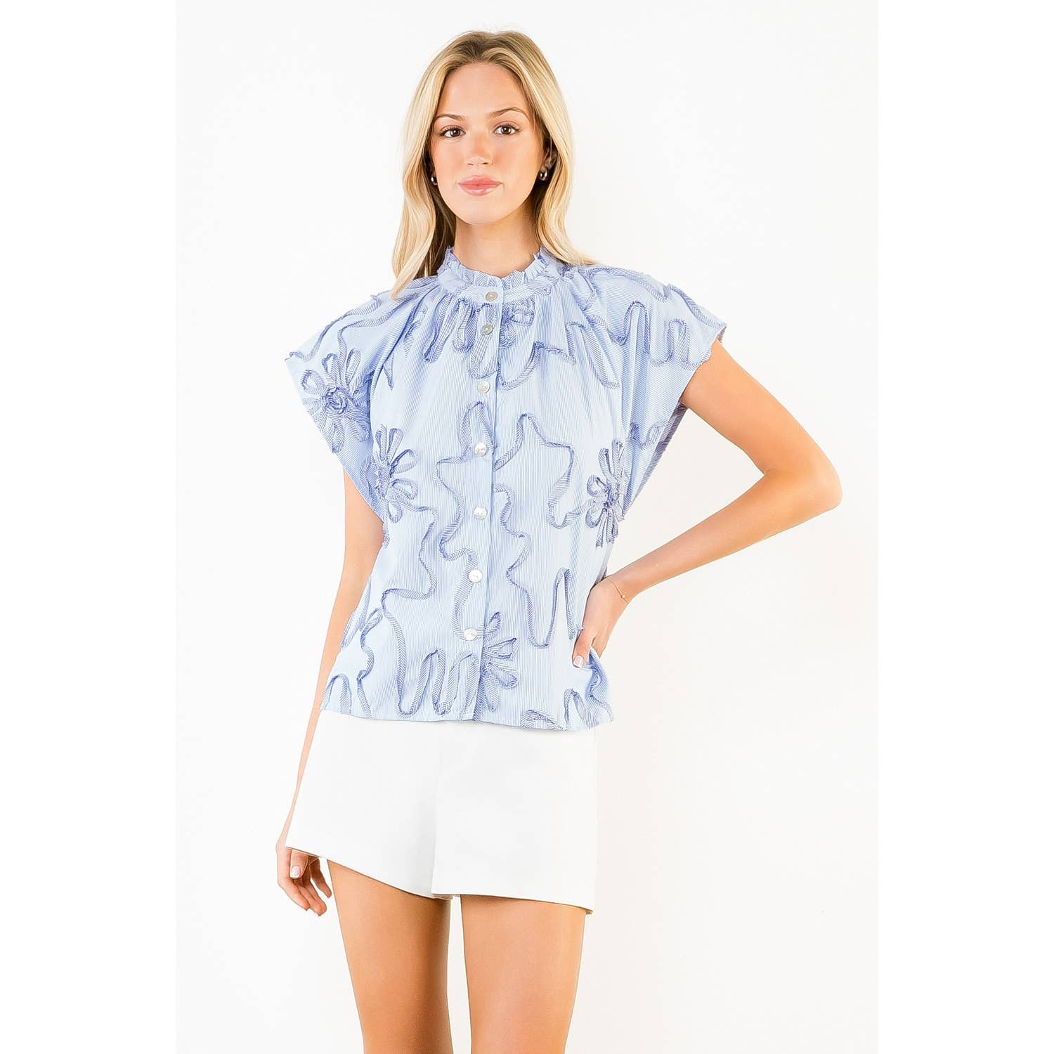 Stripe Top with Ribbon Flower Details