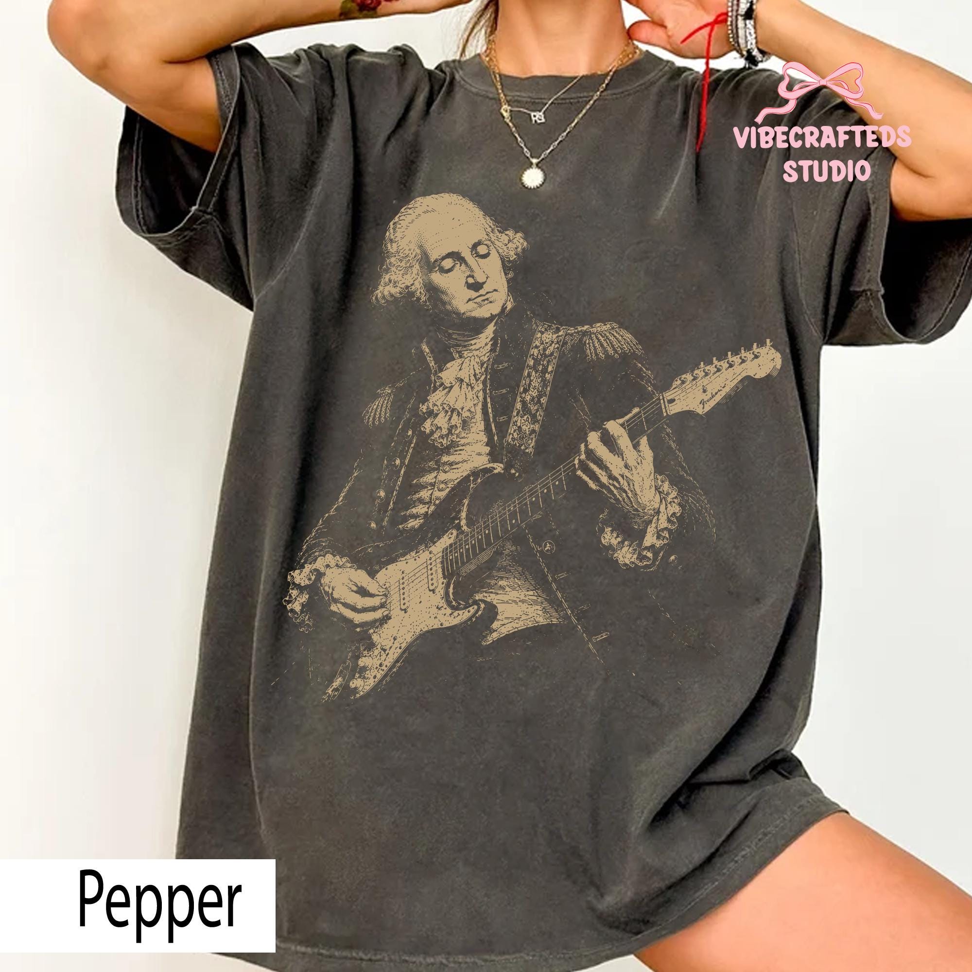Distressed George Washington Playing Guitar Comfort Colors Vintage Patriotic Rocker Tee America Guitar 4th July Concert Tee (3)