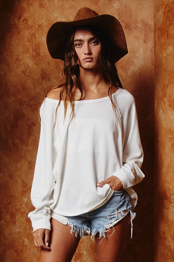 T1139-1 Solid Long Sleeves Round Hem Detailed Loose Fit Top