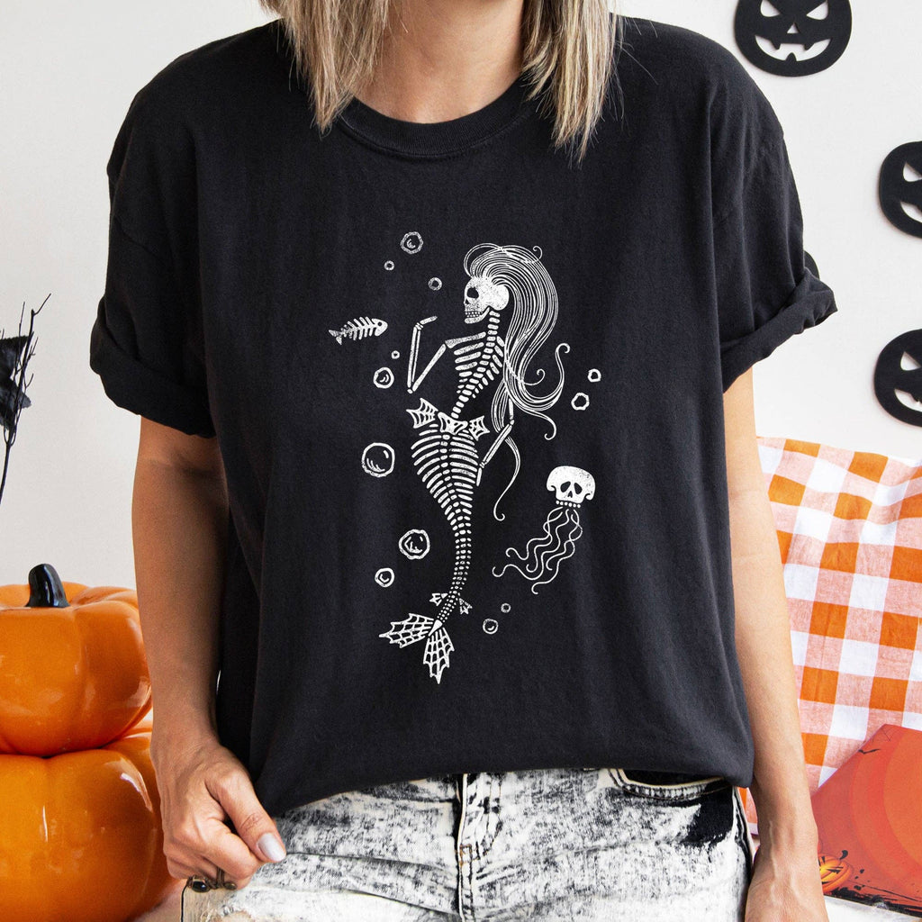 Mermaid Skeleton Jellyfish Halloween T-Shirt White Print