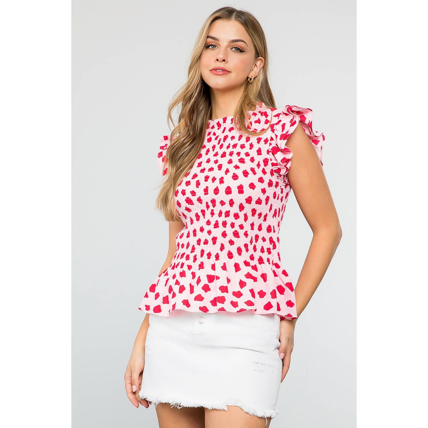 Smocked Spotted Print Top