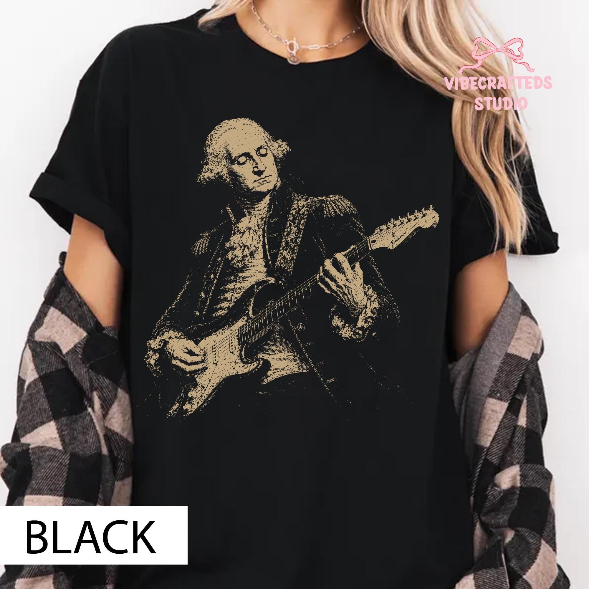 Distressed George Washington Playing Guitar Comfort Colors Vintage Patriotic Rocker Tee America Guitar 4th July Concert Tee (4)