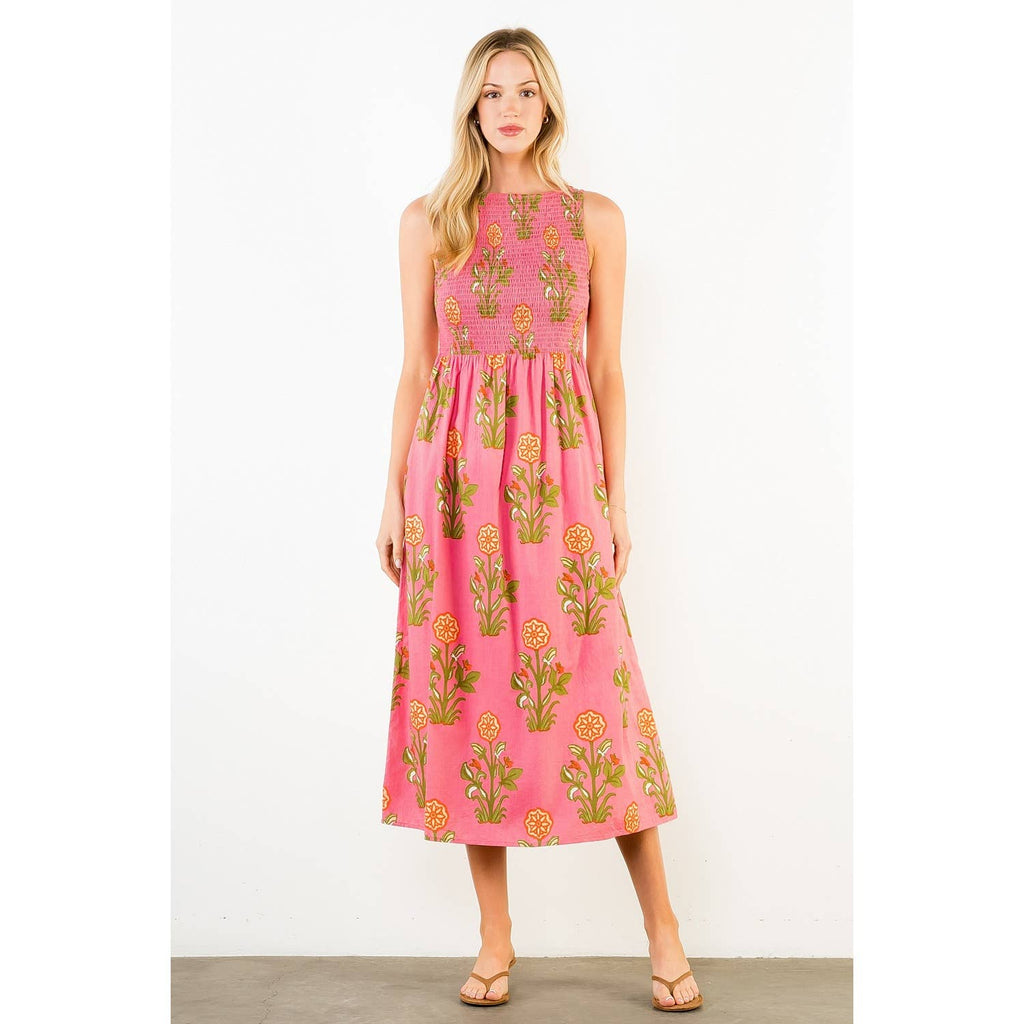Sleeveless Smocked Pattern Midi Dress