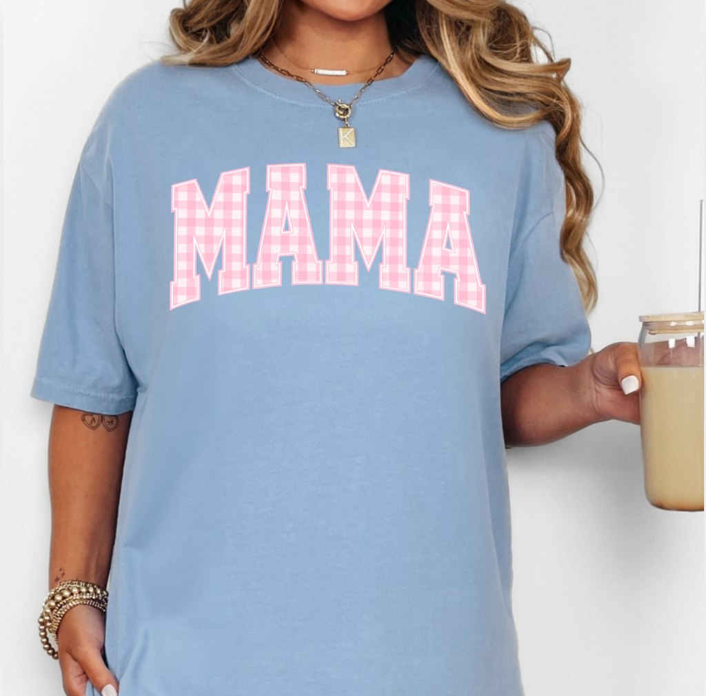 Pink Gingham Mama Comfort Color Tee