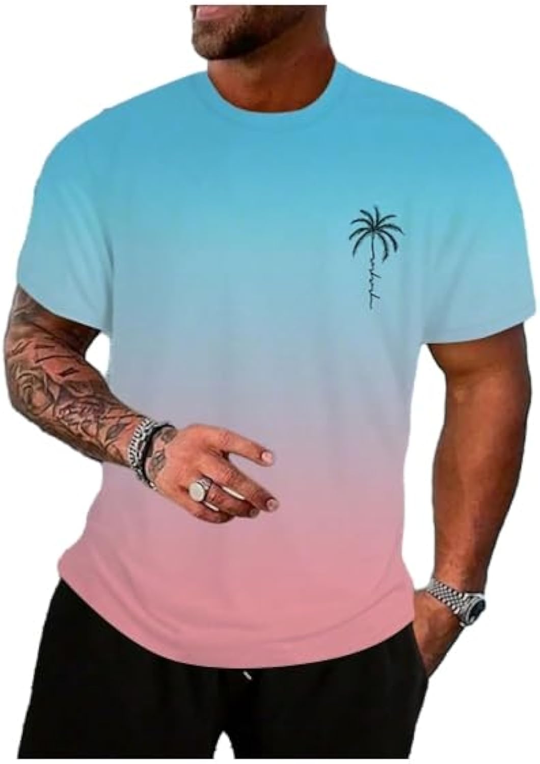 Men's Hawaiian Summer Beach Vacation Causal T Shirts Ombre Tropical Print Crewneck Short Sleeve Tee Shirts Tops