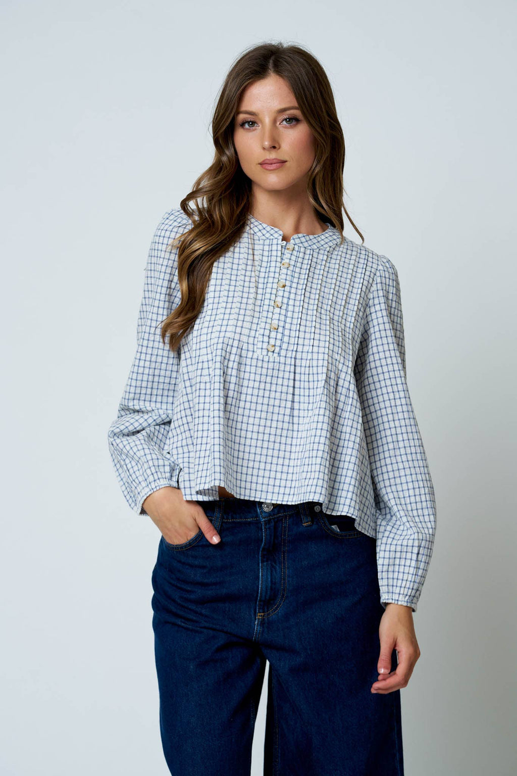 Plaid Pintuck Detail Henley Long Sleeve Top