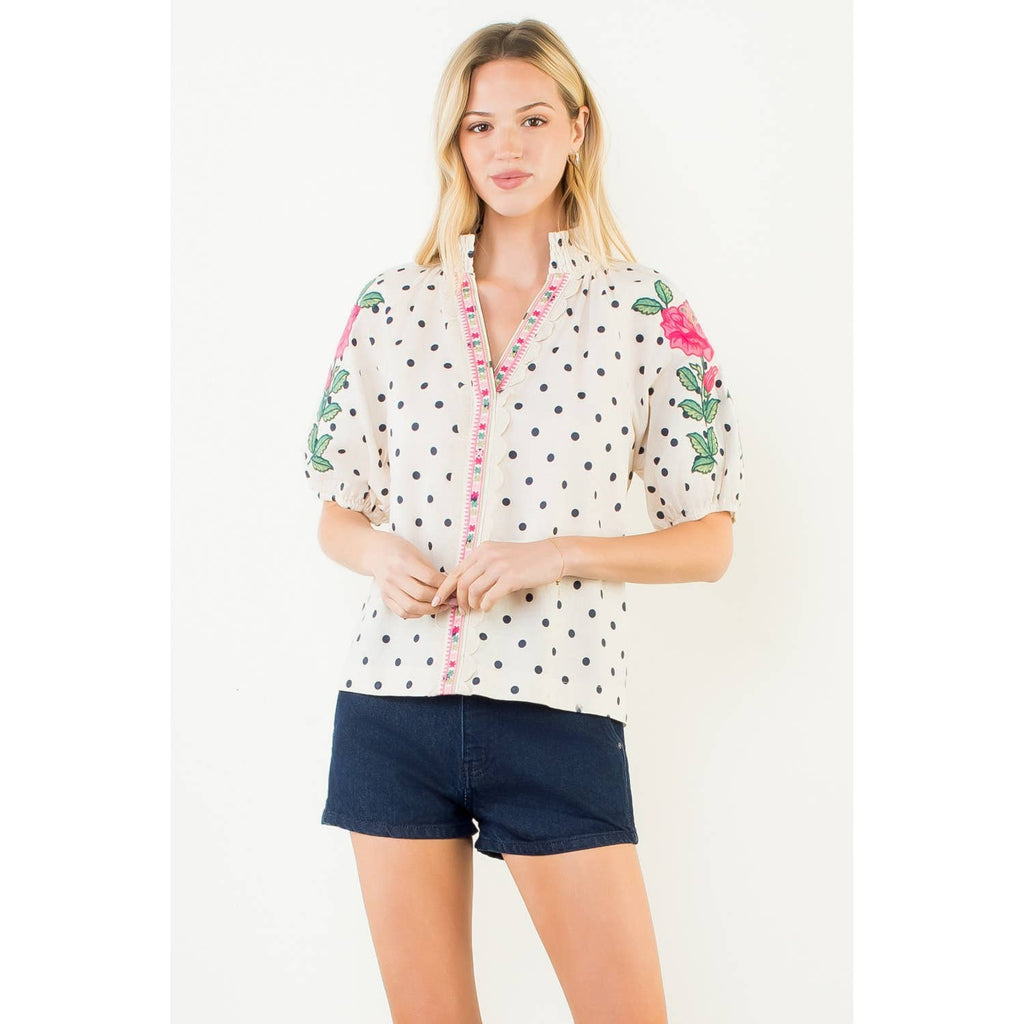Embroidery Detail Puff Sleeve Polka Dot Top