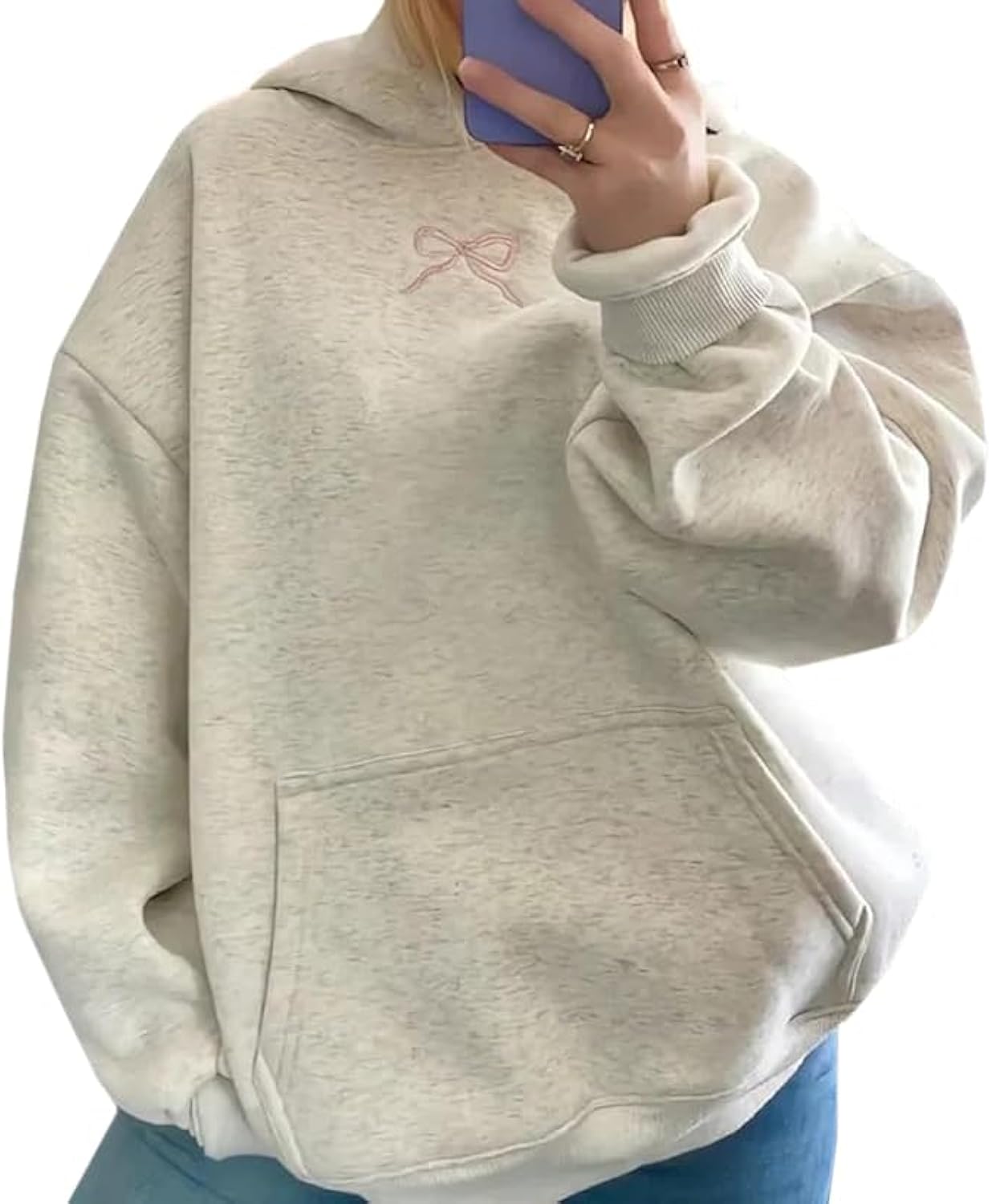 Women Bow Embroidery Hoodie Teen Girls Cute Graphic Hooded Loose Preppy Y2K Long Sleeve Pullover Hoodie Tops