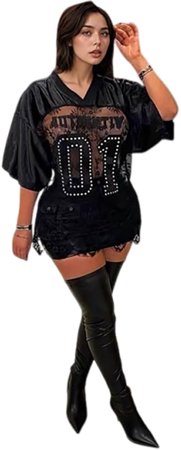 Lace Jersey Shirts for Women Number Print Cute Summer Tops Casual Sheer Short Sleeve Oversized Tshirts Streetwear