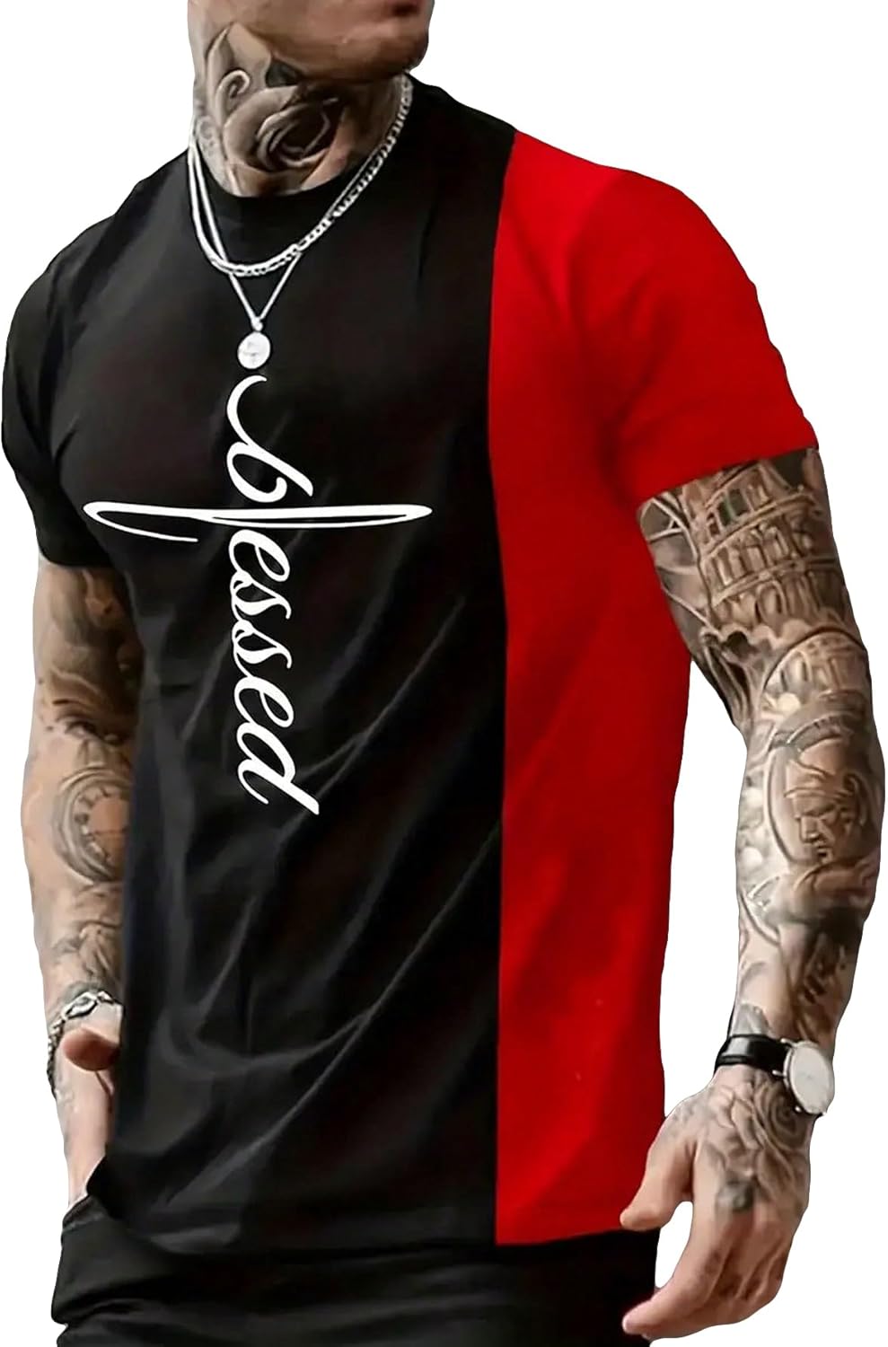 Men's Color Block Letter Graphic Tops Short Sleeve T Shirt Summer Tee Top