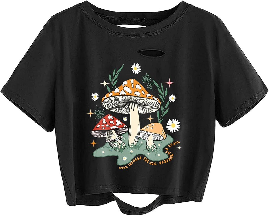 Vintage Mushroom Graphic Cropped Tee Shirts Short Sleeve Crop Tops Distressed Ripped T-Shirt