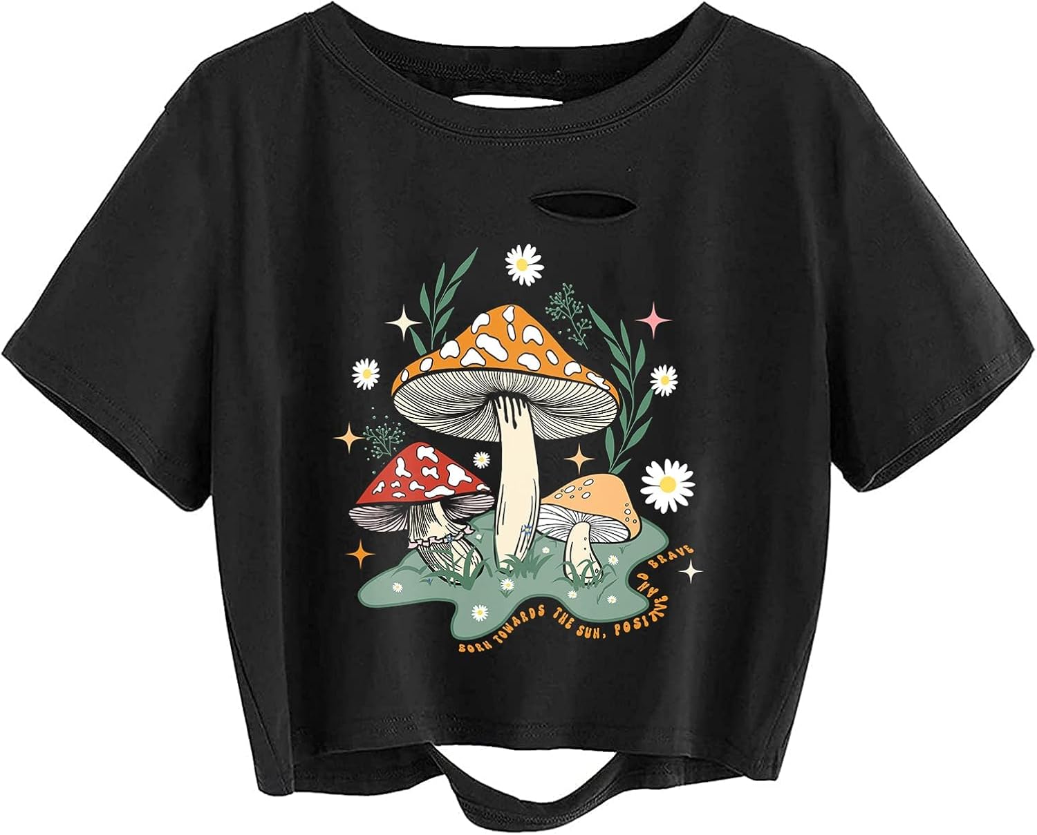 Vintage Mushroom Graphic Cropped Tee Shirts Short Sleeve Crop Tops Distressed Ripped T-Shirt