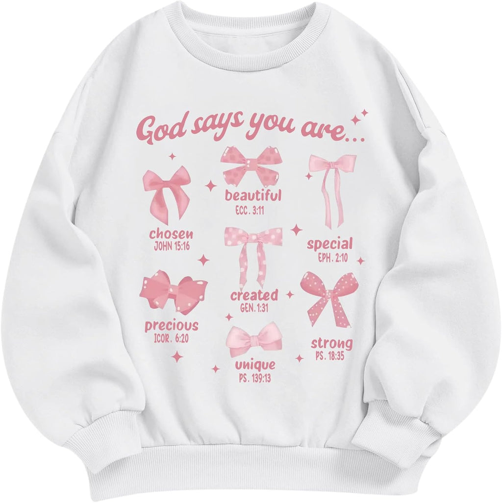 Cute Girls Bow Graphic Sweatshirt Christian Hoodies For Kids God Kawaii Hoodie Letter Pullover Long Sleeve Shirts Top