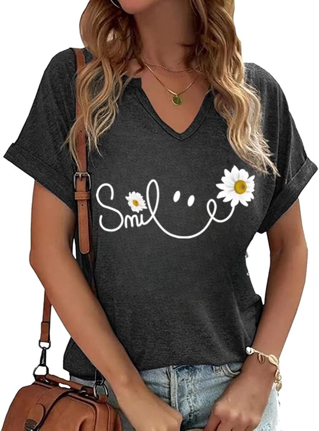 Womens Flowers V Neck Shirt Vintage Boho Floral Wildflowers Graphic Tees Casual Cottagecore Short Sleeve T Shirts
