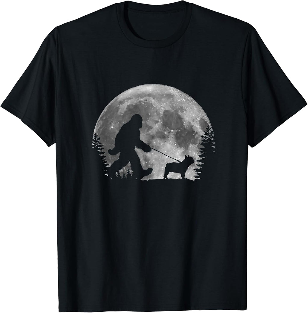 Bigfoot Walking a Dog Funny Frenchie Lovers Moon Halloween T-Shirt