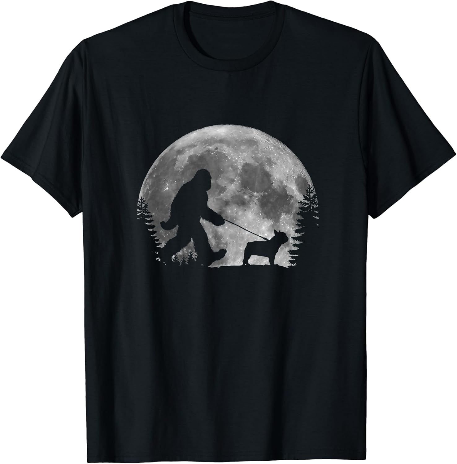 Bigfoot Walking a Dog Funny Frenchie Lovers Moon Halloween T-Shirt