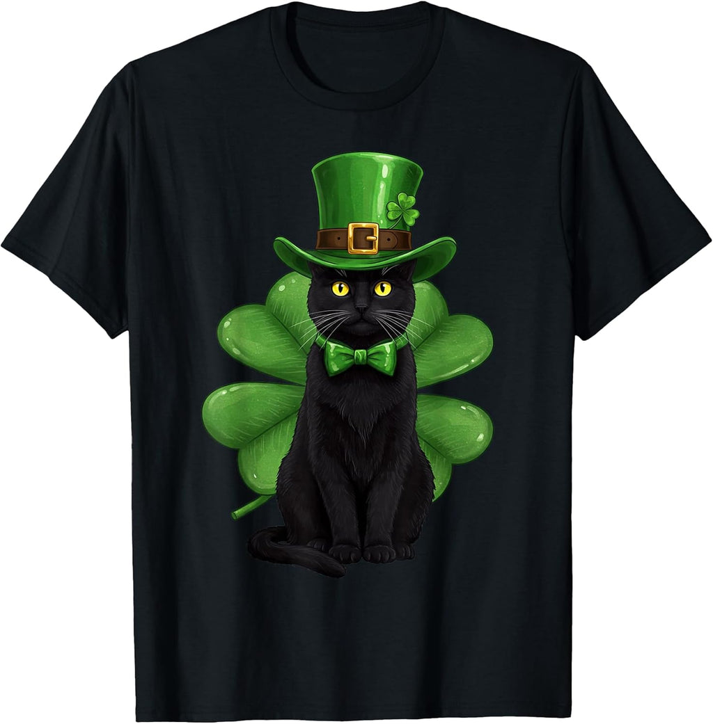Shamrock Cat Black St Patricks Day Irish cat Lovers T-Shirt