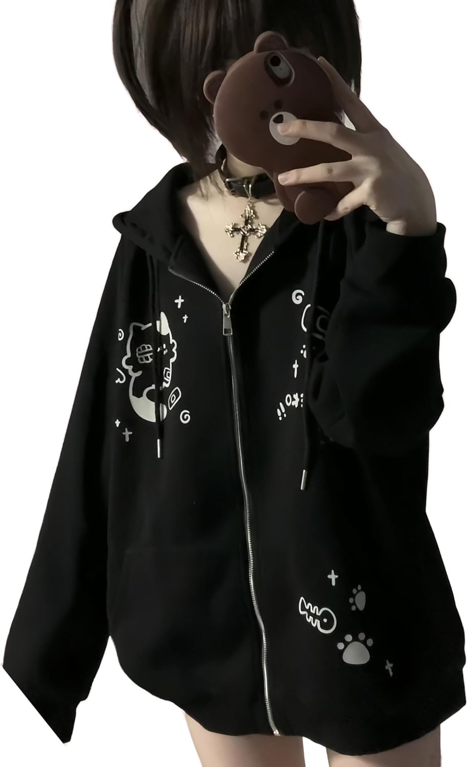 Womens Y2K Zip Up Cute Graphic Hoodies Cat Ears Casual Cartoon Harajuku Kawaii Clothes Oversize Streetwear Jacket