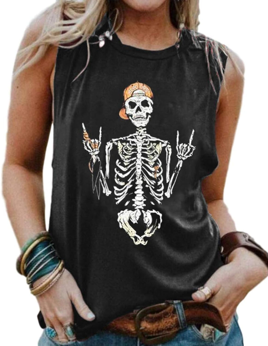 Womens Funny Skull Graphic Tank Tops Summer High Neck Sleeveless Workout Tee Shirts