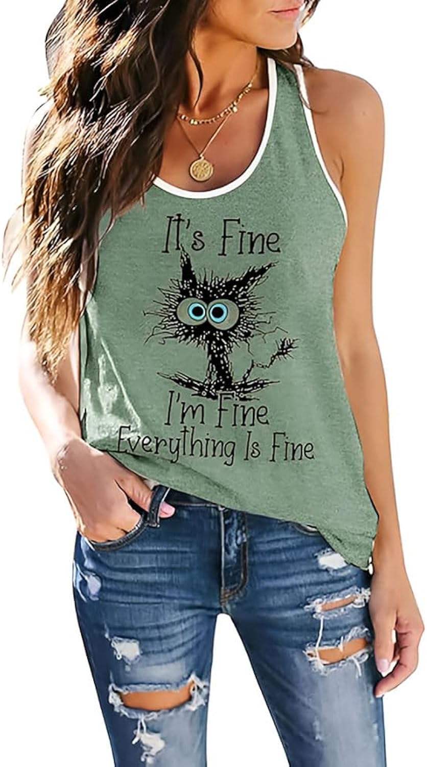 Women's Sleeveless Tank Tops Yoga Workout Shirts Cute Printed Loose Fit Running T-Shirt
