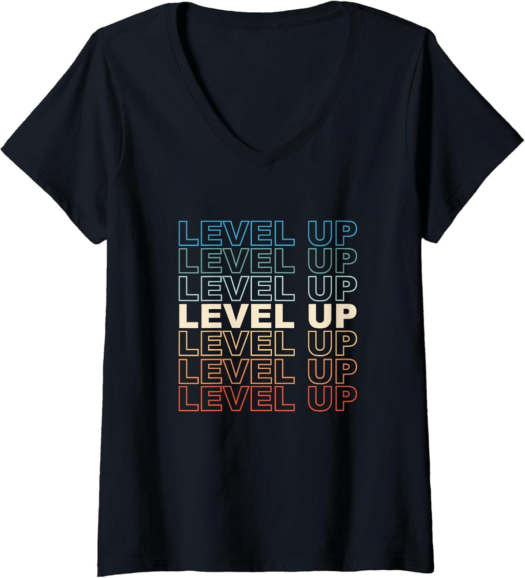 Womens Vintage Gamer LEVEL UP Video Game Lover Retro Gaming Gift V-Neck T-Shirt
