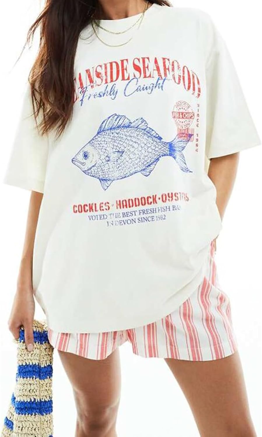 Y2k Women Lobster Graphic Oversized Tee Shirt Baggy Vintage Crayfish Sardine Print T Shirts for Teen Girls 90s Tops