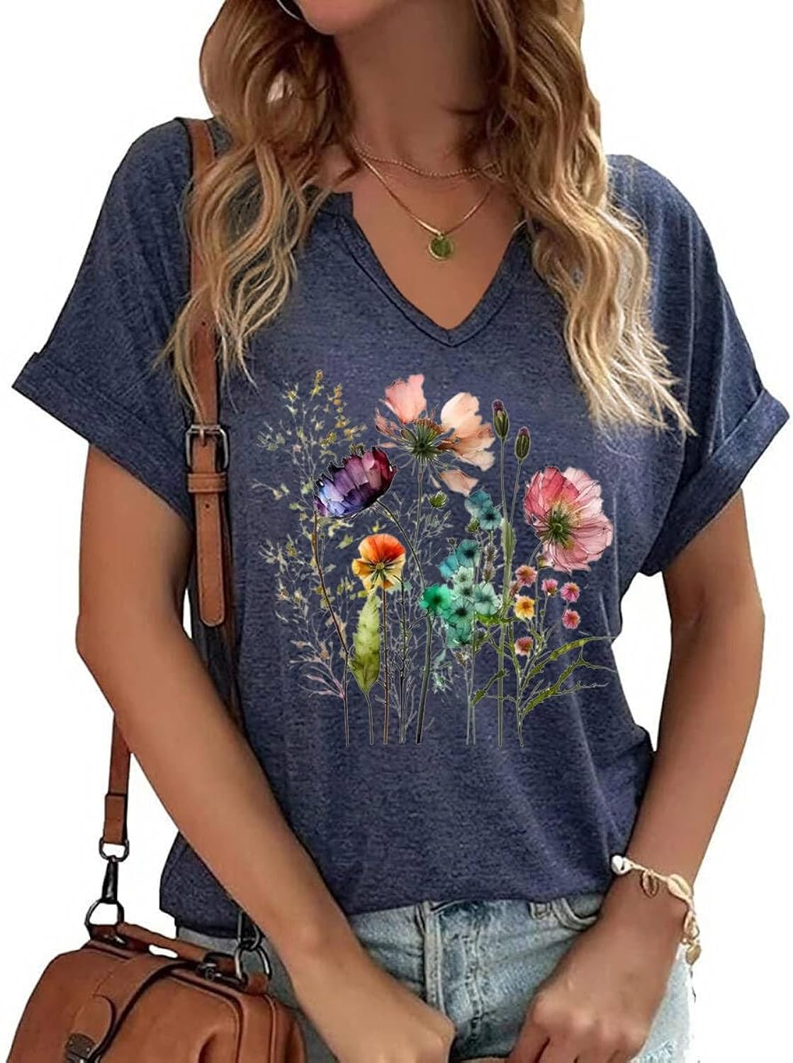 Cottagecore Vintage Flowers V Neck Tshirts for Women Boho Floral Wildflowers Graphic Tee Casual Tops