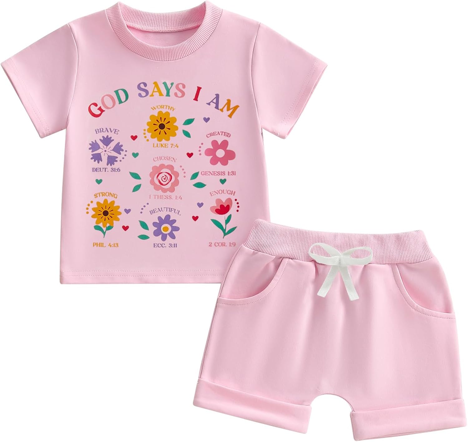 Toddler Baby Girl Summer Clothes Floral Letters Print Short Sleeve T-Shirt Tops Solid Shorts Outfit Set