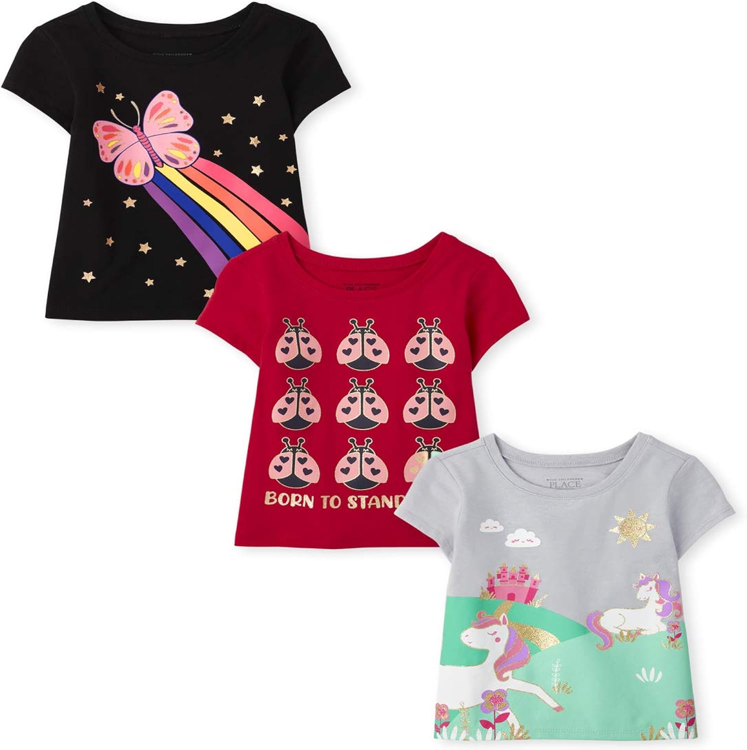 Baby Girls' and Toddler Unicorns,Butterflies,Trends Short Sleeve Graphic T-Shirts,3 Pack