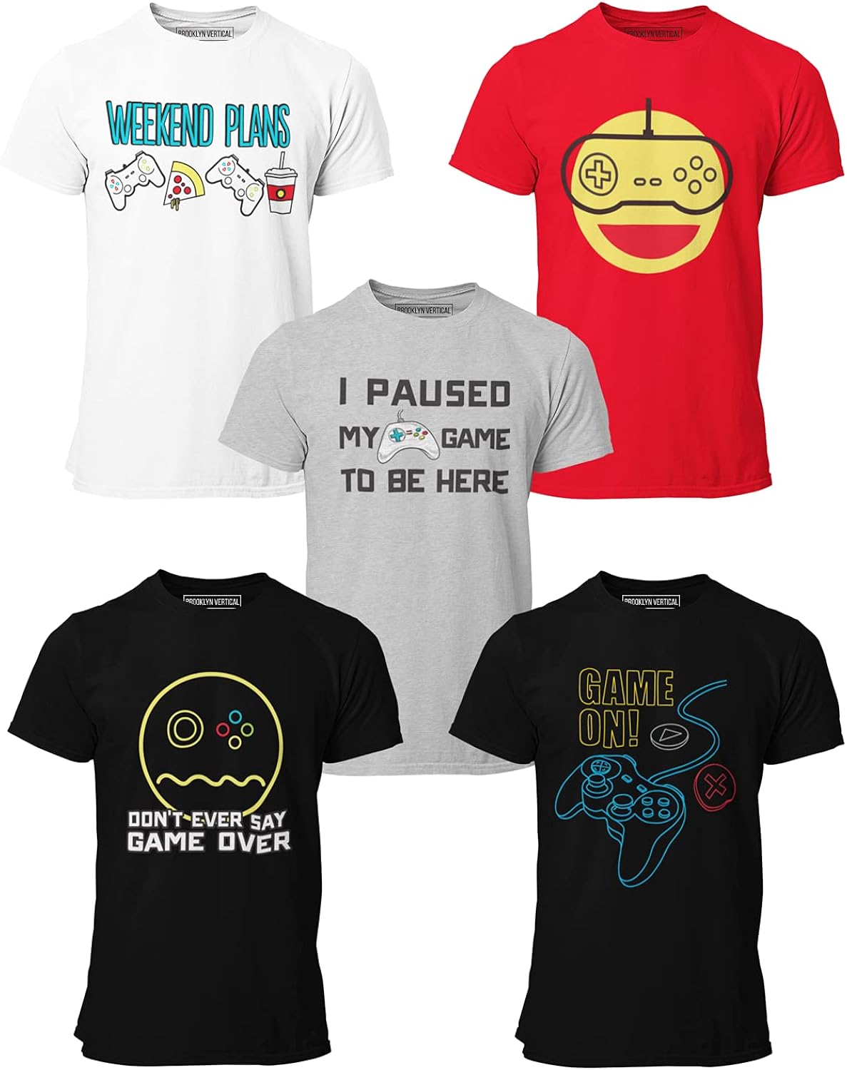 5-Pack Video Gamer Short Sleeve Crew Neck Boys T-Shirt with Chest Print | Soft Cotton Sizes 6-30