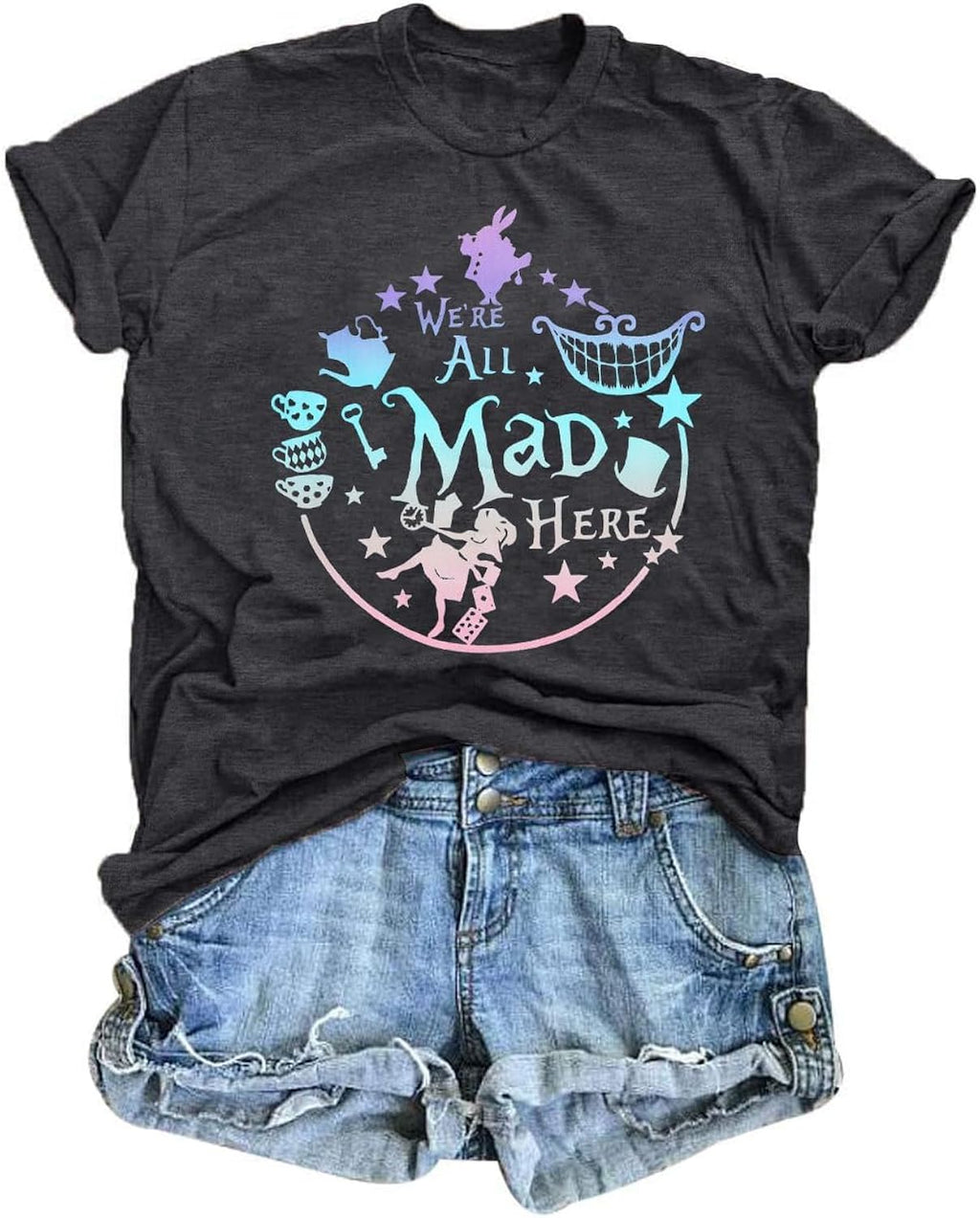 We're All Mad Here Shirt Women Magical Graphic Tees Cute Vacation Tops Casual Short Sleeve Shirts