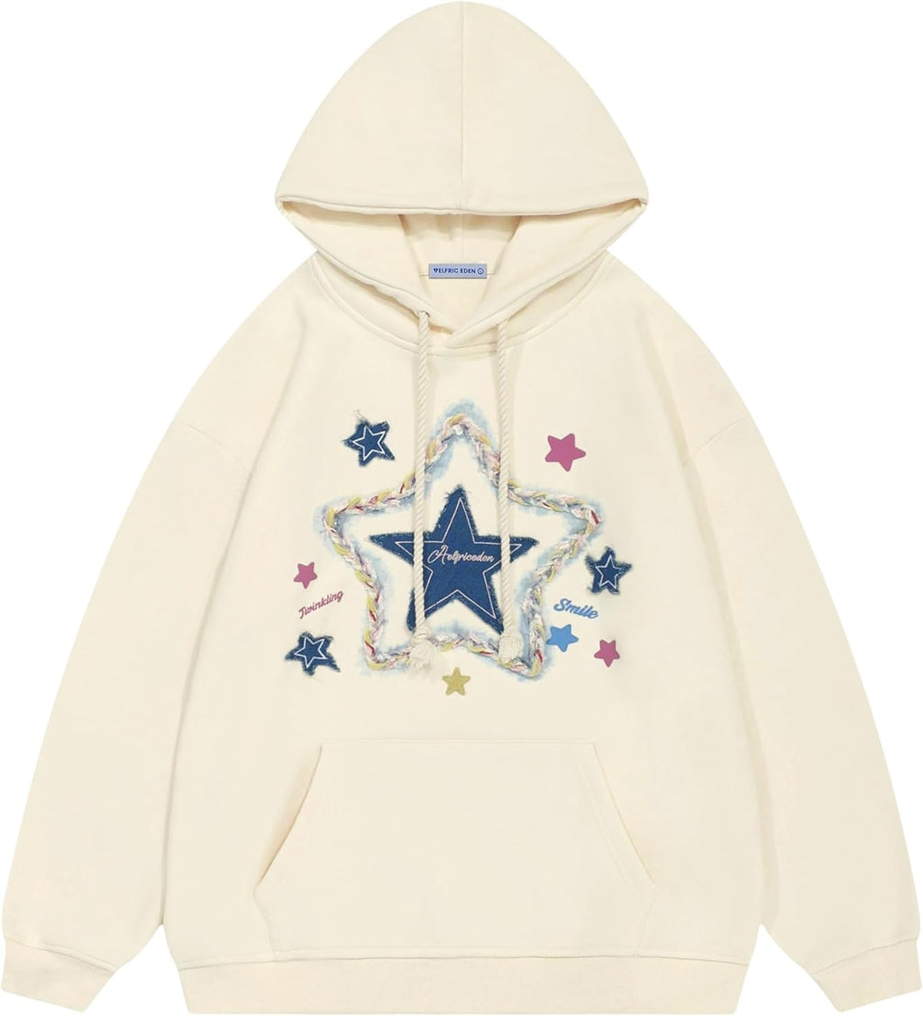 Womens Oversized Hoodies Star Graphic Fleece Hooded Streetwear Unisex Sweatshirts Pullover with Pocket