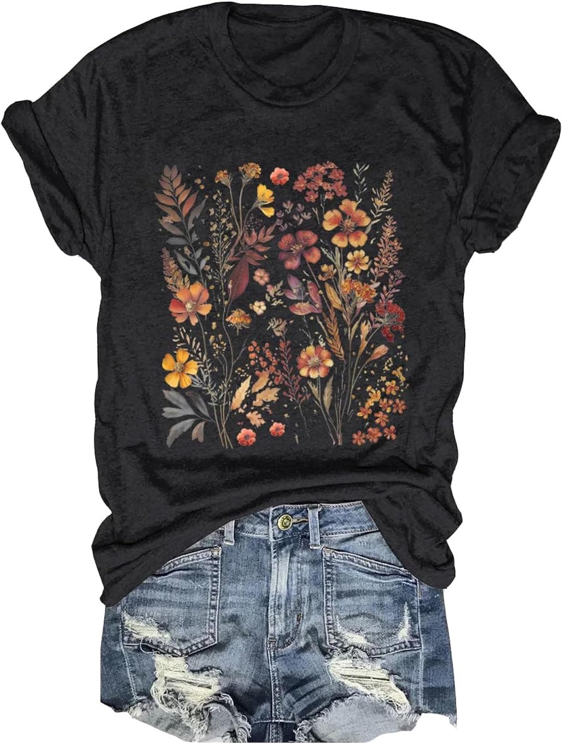Women's Boho Flower T Shirt Vintage Flowers Printed Shirt Colorful Wildflower Graphic Tee Casual Botanical Short Sleeve