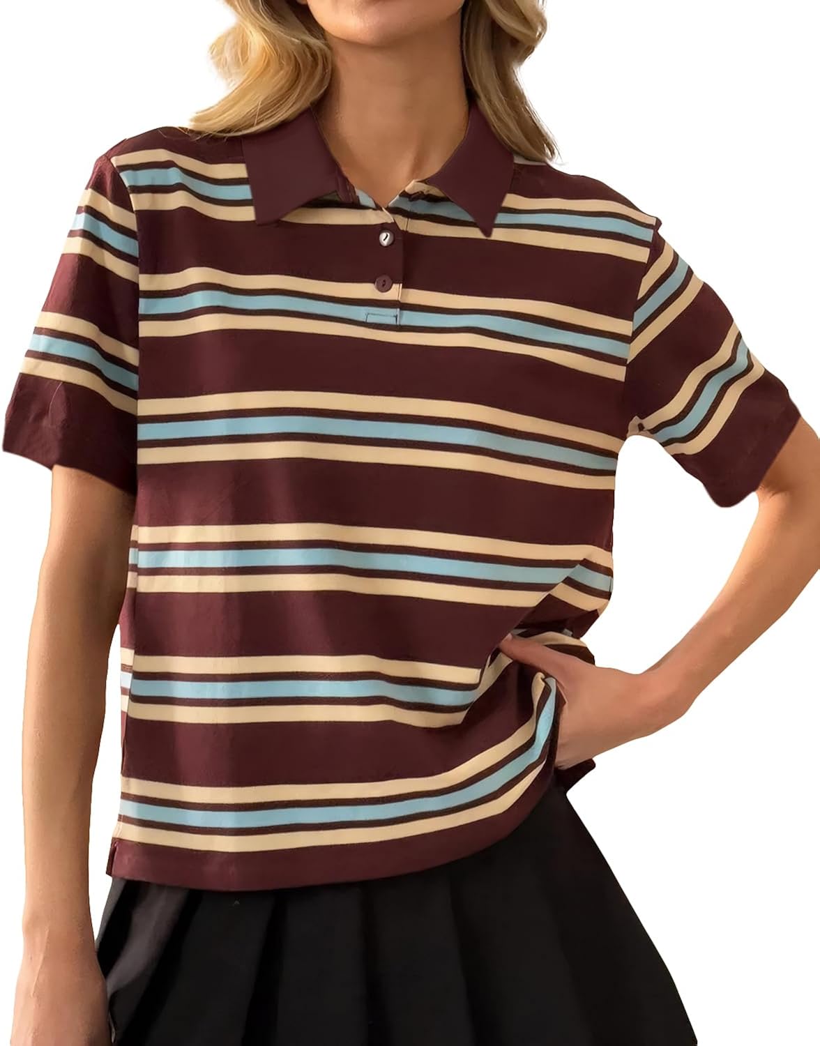 Women Y2K Striped Colorblock Button Up Polo T-Shirt Short Sleeve Loose Fit Preppy Aesthetic Tee Tops Summer Outfits