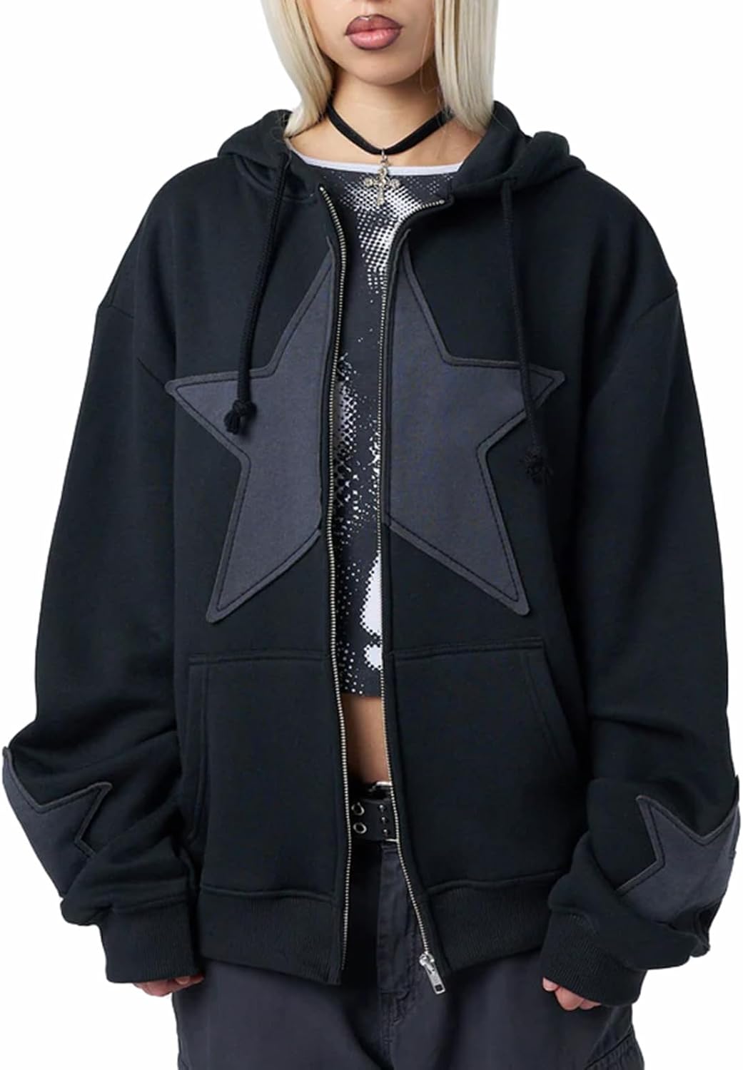 Women Y2k Zip Up Hoodies Star Graphic Long Sleeve Jackets Hip Hop Harajuku Oversized Hooded Sweatshirt