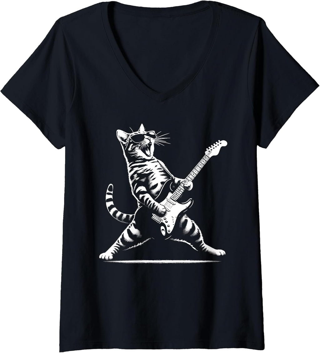 Womens Guitar Cat Novelty Rock Music Band Concert Funny Cat V-Neck T-Shirt